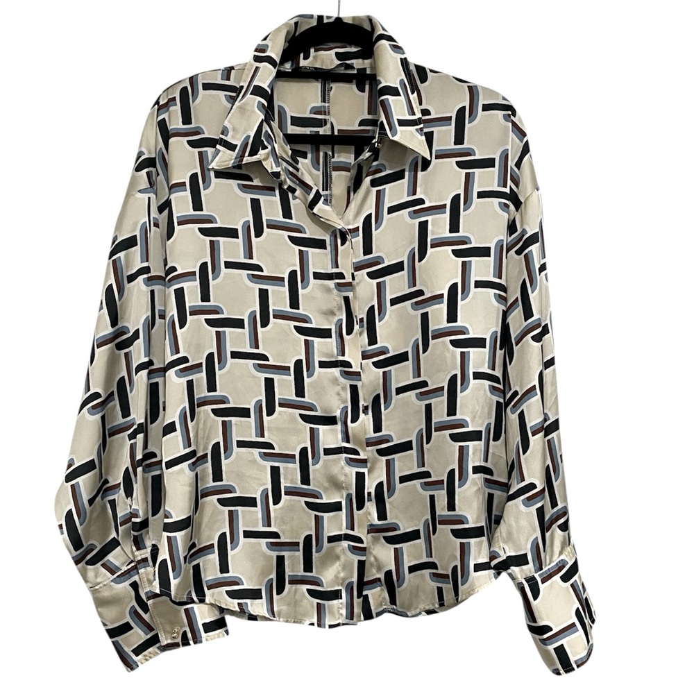 Zara Satin Geometric Patterned Button-Up Blouse oversized